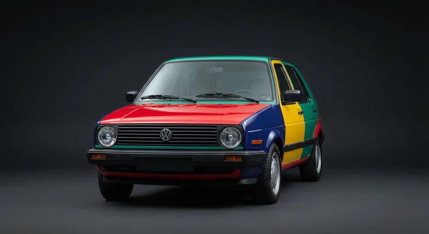 Volkswagen Golf Harlequin : histoire d'un modèle collector Portrait de face minimaliste d'une Volkswagen Golf Harlequin montrant ses panneaux de carrosserie colorés